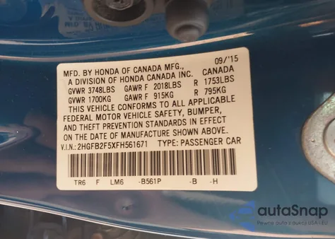 2015 Honda Civic Lx from USA, damaged, VIN 2HGFB2F5XFH561671